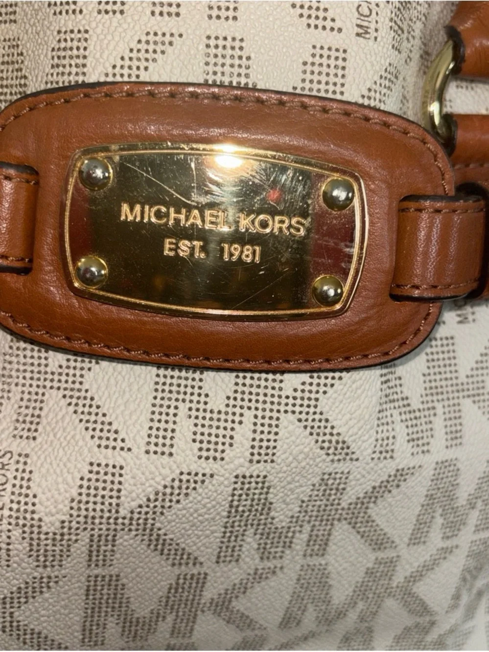 Michael Kors Cream Signature Canvas Tote with Tan Leather Trim